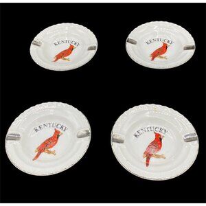 Vintage Kentucky Ashtray Stacking Set Ceramic Cardinal Bird White Silver Trim